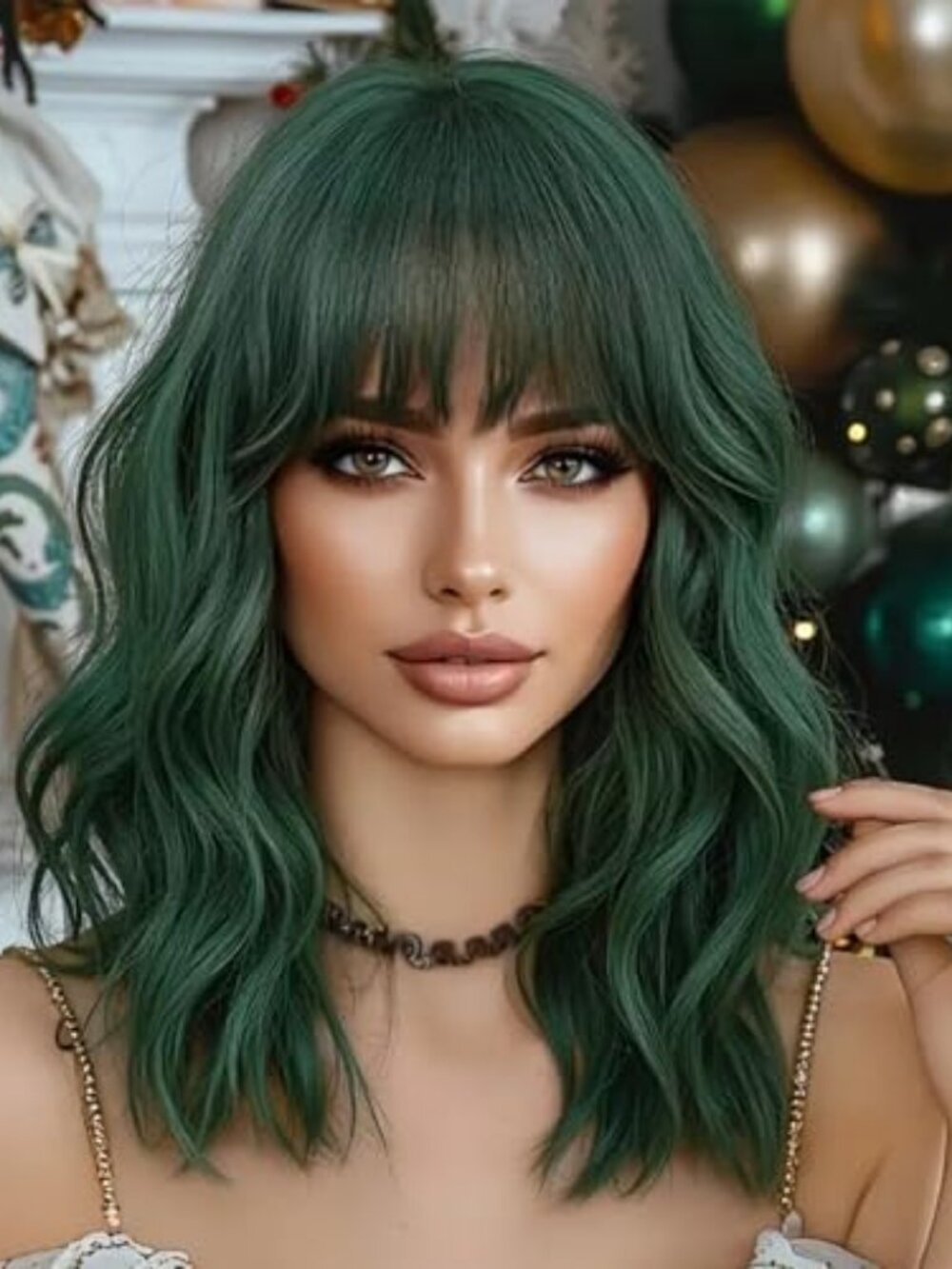 Dark Green Wavy Bob Wig with Bangs for Women